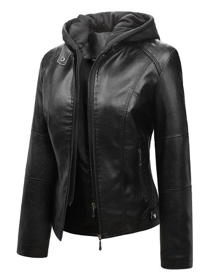 Women's Black Hooded PU Leather Jacket, Slim Fit Motorcycle Style Coat for Fall & Winter, Casual Windproof Outerwear with Removable Hood