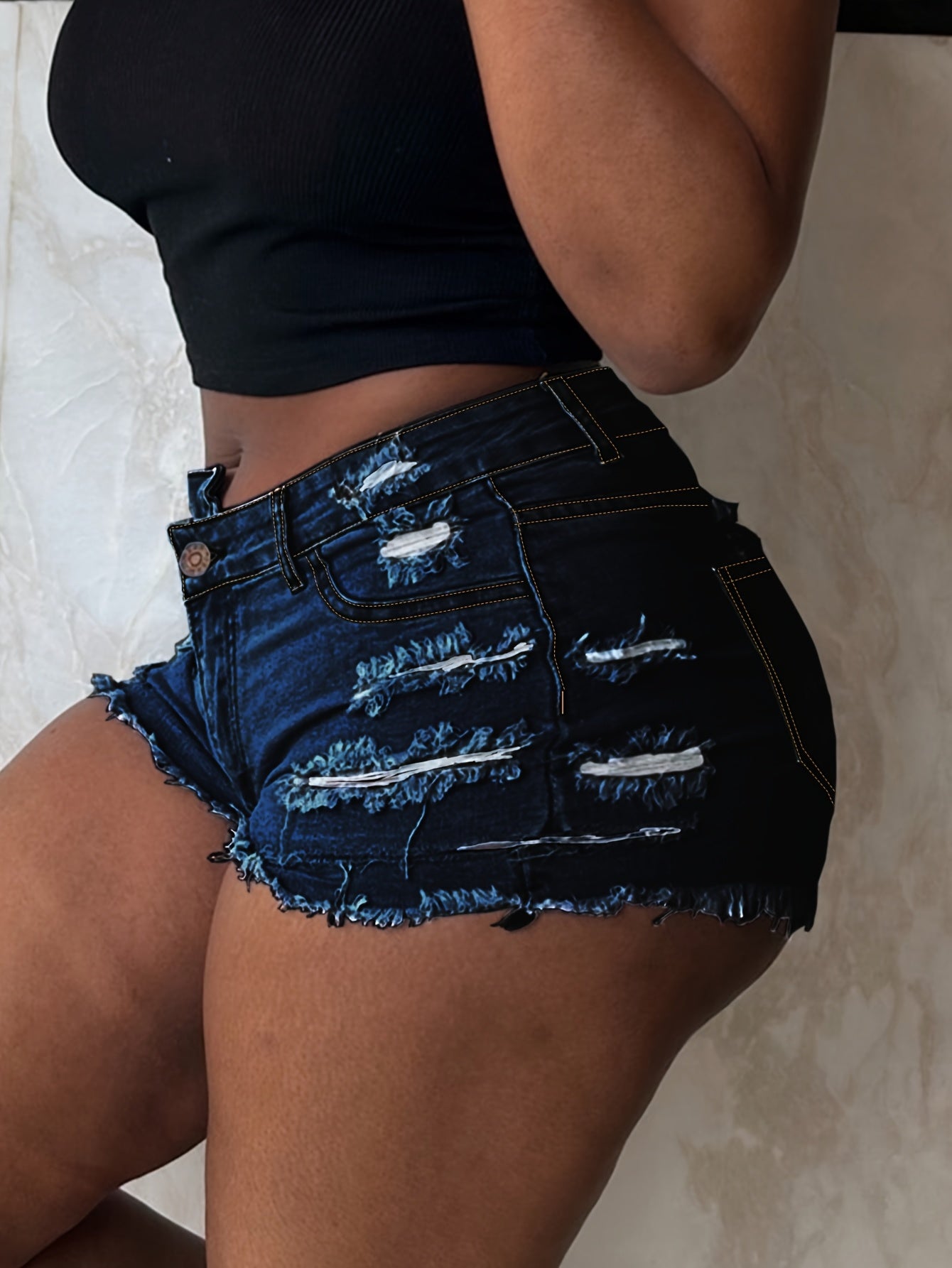 Ripped Raw Hem Denim Shorts, Distressed Washed Blue Denim Shorts, Women's Denim Jeans & Clothing