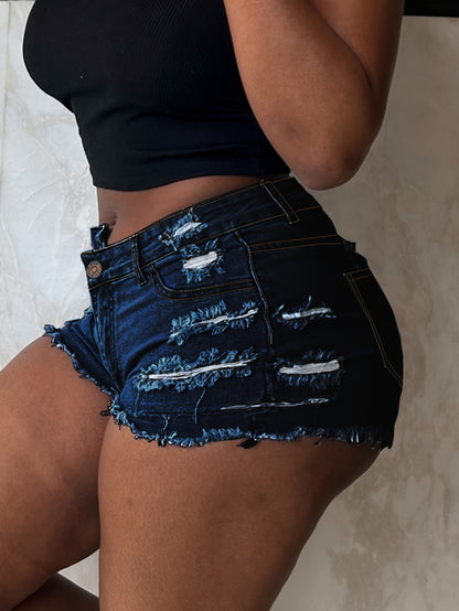 Ripped Raw Hem Denim Shorts, Distressed Washed Blue Denim Shorts, Women's Denim Jeans & Clothing