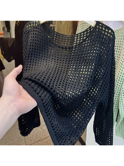 1pc, Hollow Round Neck Loose Sweater, Sunscreen/Commuting, Women Who Prefer Loose Casual Style, Women'S Top, Shoulder Sleeves And Loose Version, Versatile Sunscreen Blouse