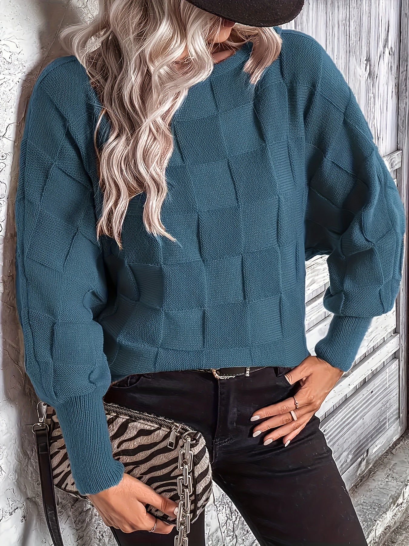 Checkered Pattern Boat Neck Batwing Long Sleeve Casual Holiday Business Commuting Warm Autumn Winter Fashion Women'S Top