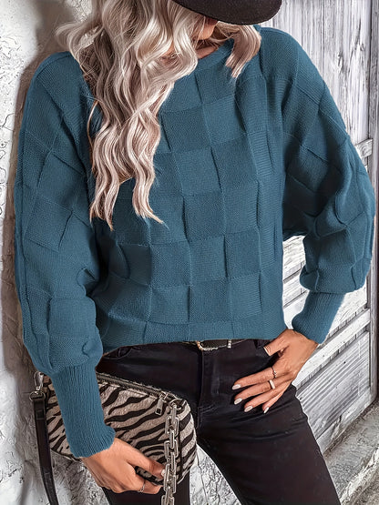 Checkered Pattern Boat Neck Batwing Long Sleeve Casual Holiday Business Commuting Warm Autumn Winter Fashion Women'S Top