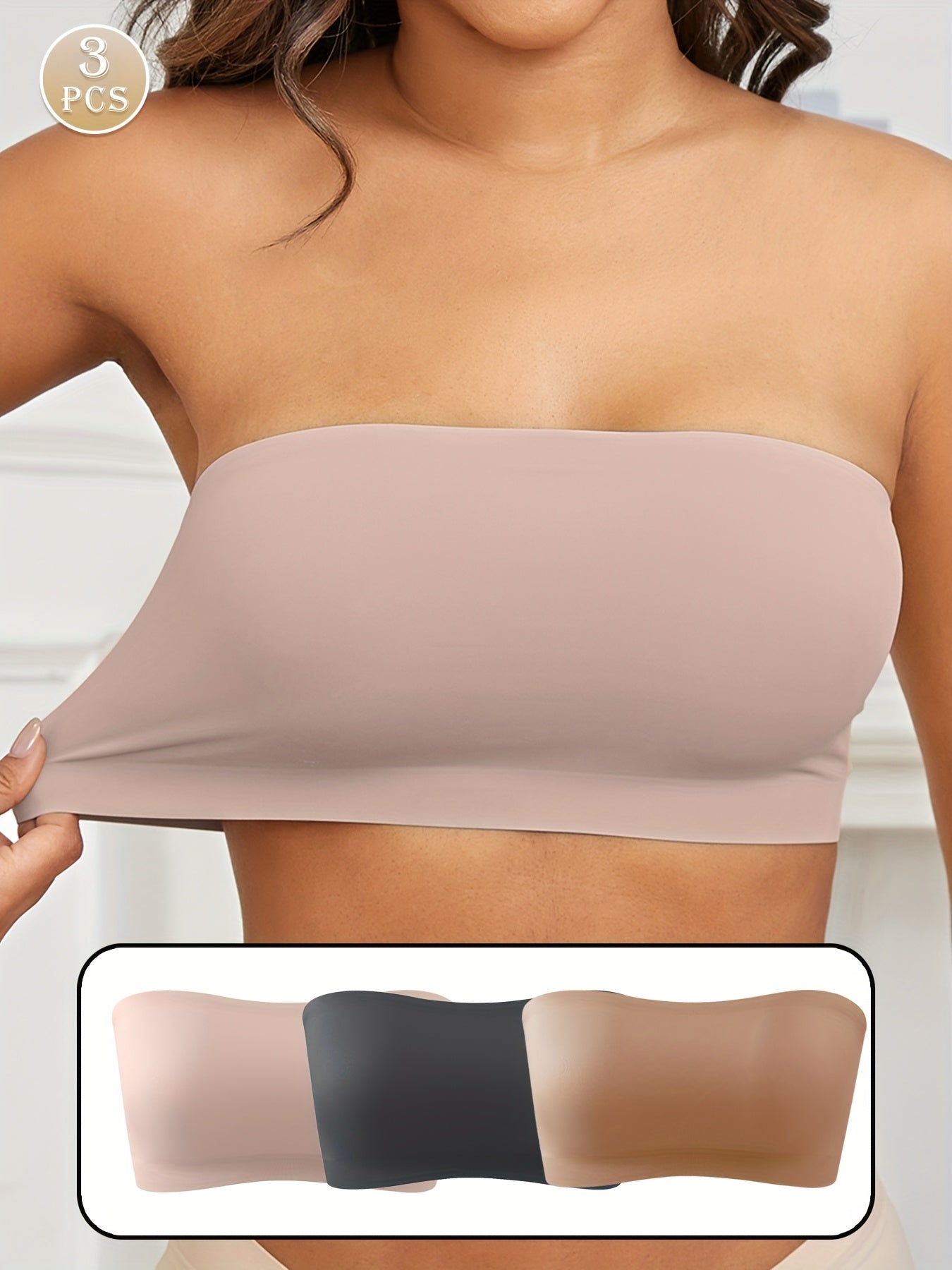 1pc ESSELEGANCE Seamless Wireless Bandeau Bra - Soft Nylon & Elastane Blend, No-Show Design, Beige/Nude, Comfortable Stretch Fit for Casual Attire