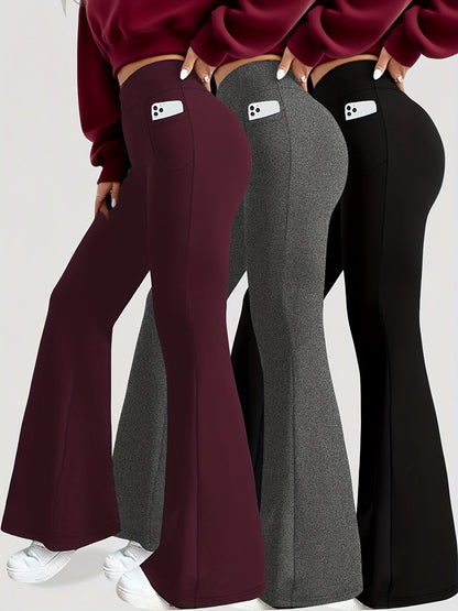 3 Pack Women's High Waisted Tummy Control Yoga Leggings - Super Soft Bootcut Flare Pants with Pockets, 4-Season Workout Capri/Capri-Length (Black/Grey/Navy) - All-Season Wear, Pencil-Slim Fit for Gym, Pilates & Everyday Use