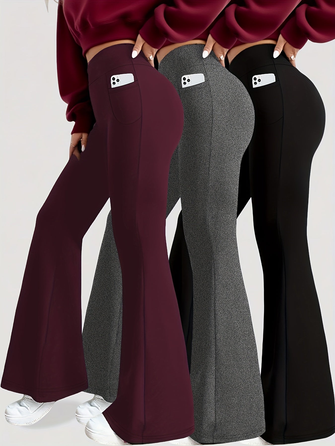 3 Pack Women's High Waisted Tummy Control Yoga Leggings - Super Soft Bootcut Flare Pants with Pockets, 4-Season Workout Capri/Capri-Length (Black/Grey/Navy) - All-Season Wear, Pencil-Slim Fit for Gym, Pilates & Everyday Use