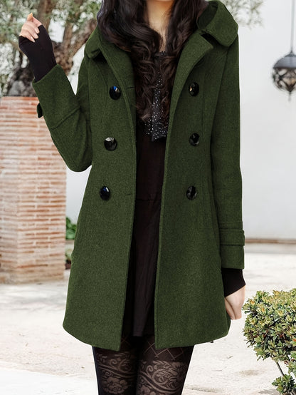 Women'S Cozy Double-Breasted Wool Peacoat Trench Jacket with Hood