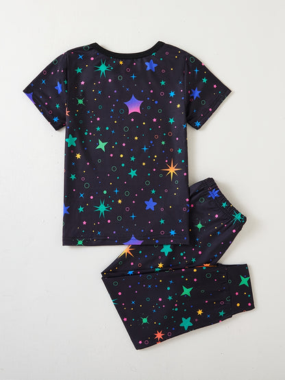 Girls Spring, Autumn And Summer 2pcs Set Luminous Ink Splash Cute Unicorn Pattern Round Neck Pullover T-shirt Short-sleeved Top + Fluorescent Starry Sky Print Elastic Waistband Cuff Pants Trousers Set, Glows Only When Exposed to Ultraviolet Light, Perfect
