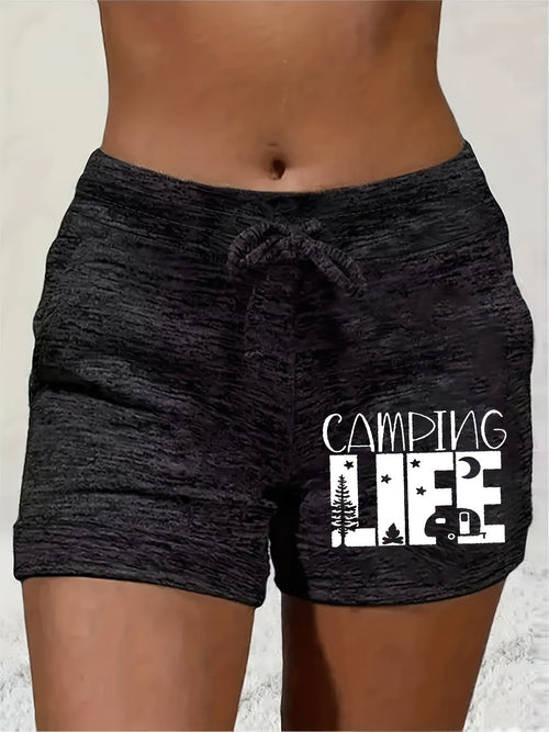 Women's Camping Life Pattern Printed Drawstring Shorts- Lightweight Elastic Polyester Blend Casual Shorts Suitable for Outdoor Adventures and Casual Wear, All-Season Machine Washable