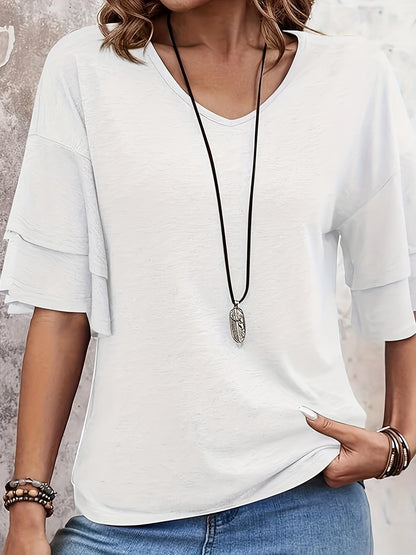 Layered Flared Sleeve V-neck T-shirt, Suitable for Spring And Summer, Soft And Comfortable Daily Casual Solid Color Top for Women's Clothing