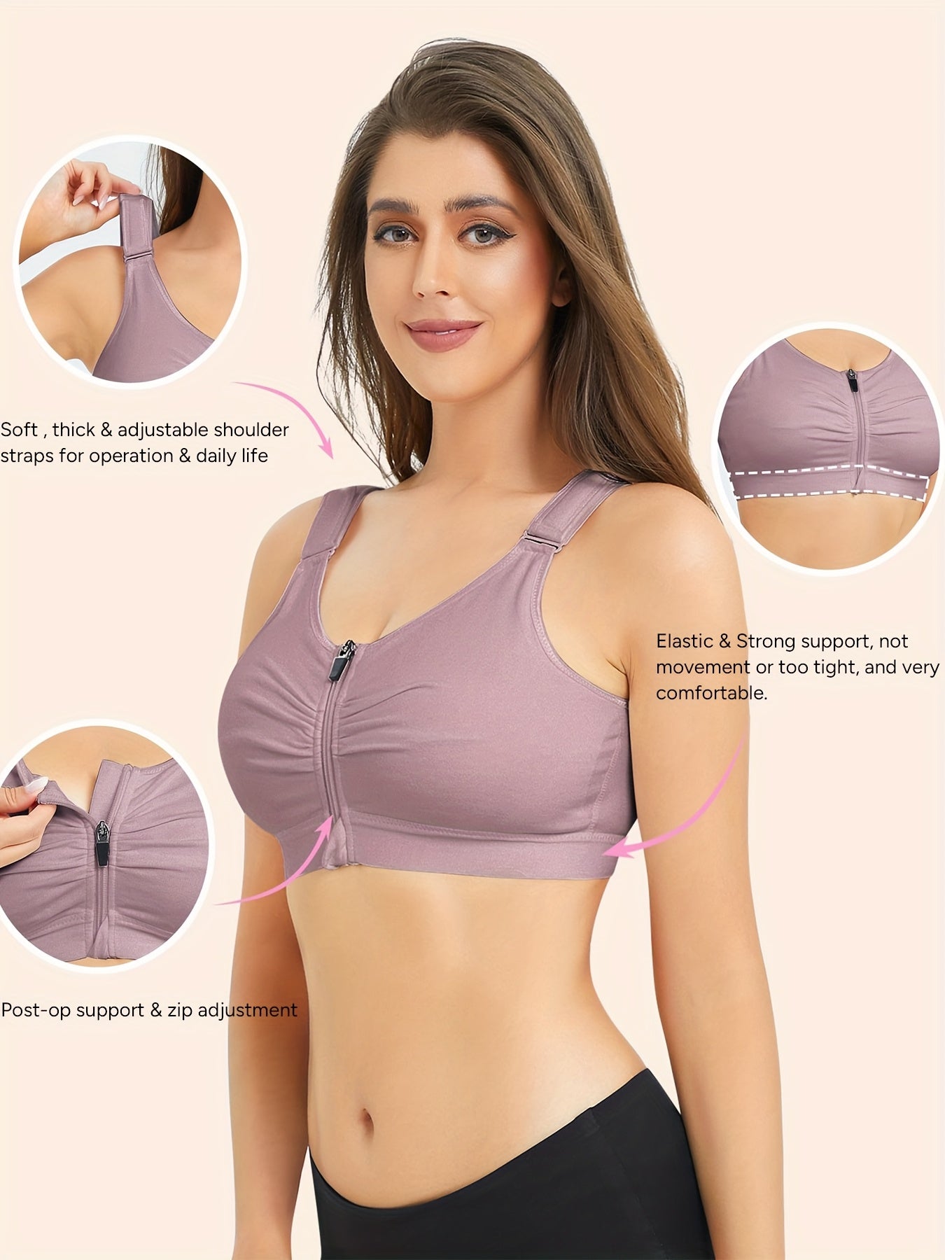 New Style Zip Front Closure Everyday Bra for Women Post Surgery Compression Support with Adjustable Straps Wirefree Wireless Full Coverage Comfort Everyday 84%Cotton 16%spandex Suitable for Post-surgery And Daily Out-of-home Exercise Yoga