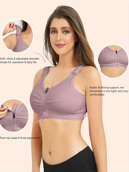 New Style Zip Front Closure Everyday Bra for Women Post Surgery Compression Support with Adjustable Straps Wirefree Wireless Full Coverage Comfort Everyday 84%Cotton 16%spandex Suitable for Post-surgery And Daily Out-of-home Exercise Yoga