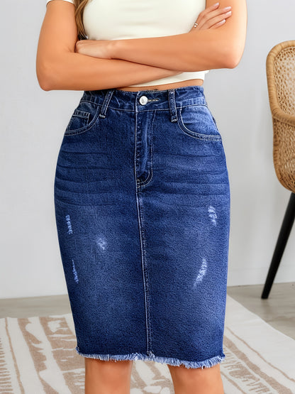 Women's Stretch Slim Fit Denim Skirt with Distressed Hem and Frayed Design, Mid-Waist, Elegant and Comfortable, Classic Hole Design