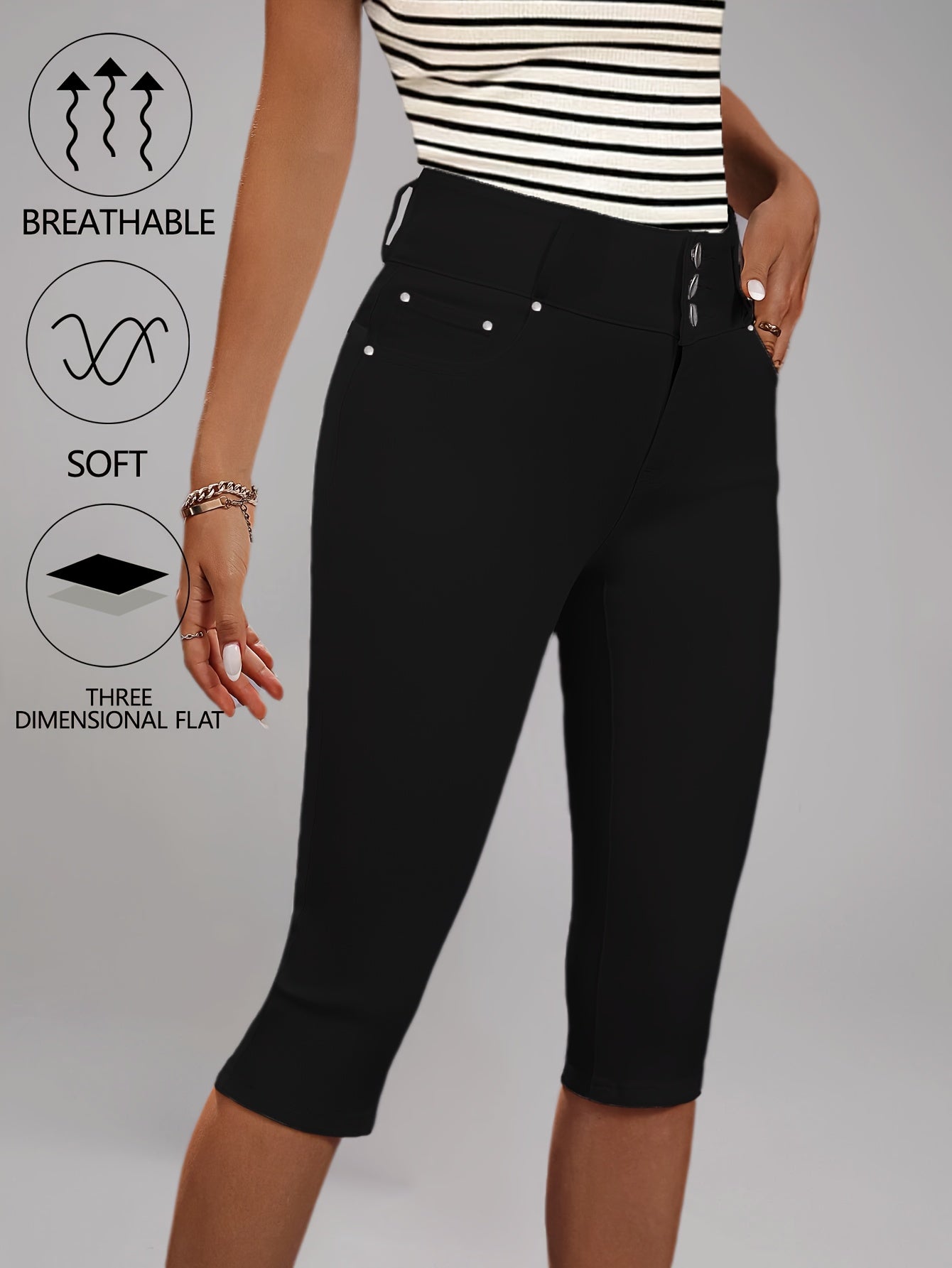 [High-Waisted Stretch Capri] Women's Deep Red High-Waisted Stretch Capri Pants Triple Row Button Fly with Metal Rivet Accents Booty Lifting Design 7/8 Length Cropped Jeans High Elasticity Soft Comfortable Machine Washable Versatile Wardrobe Essential for