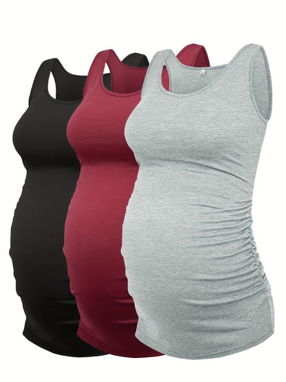 Women's Maternity Tank Top 3 Pack Ruched Side Sleeveless Pregnancy Basic Shirt