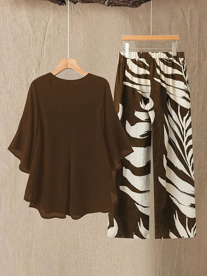 Plus Size - Plus Size - 2pcs Plus Size Women Set: Chiffon Batwing Sleeve Top And Plant Print Long Pants