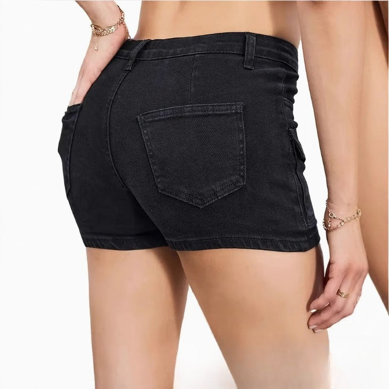 Elastic Multi-Pocket Denim Shorts with a High-Waisted Design for Women, Perfect for Casual Summer Wear