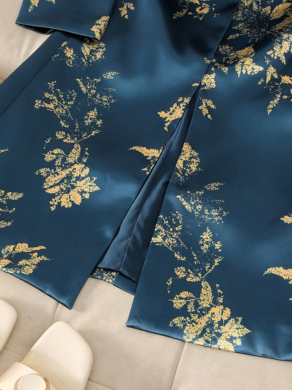 Elegant Fashion Casual Golden Floral Print Stain Overcoat, Baroque Style, Single Button Double Pocket Long Sleeves Long Blazer, Smooth And Delicate Feel, Suitable for Formal And Casual Occasions