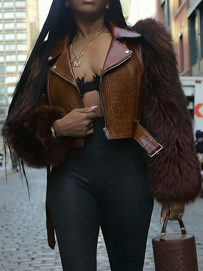 New Women'S Fluffy Faux Leather Short Jacket With, Fashionable, Sexy, Warm Coat, Autumn And Winter Versatile Women'S Faux Leather Jacket