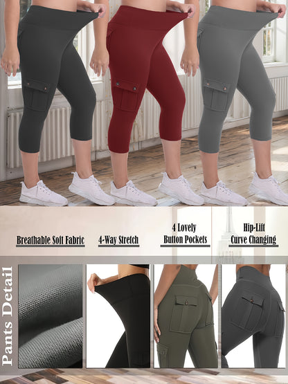 3-packs High Waist Yoga Capri Pants 3pcs Capri Pants Set, 4 Way Stretch Butt Lifting Tummy Control, 4 Button Pockets Workout Running Sports Pants