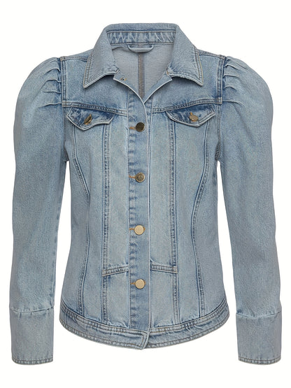Women's Elegant French Romantic Denim Jacket with Puff Sleeves - Light Blue Button-Front Coat, Regular Fit Long Sleeve for Autumn/Winter, Valentine's Day & Special Occasions, Denim Jacket Women, Denim Jacket for Women, Stylish Denim Jacket Women