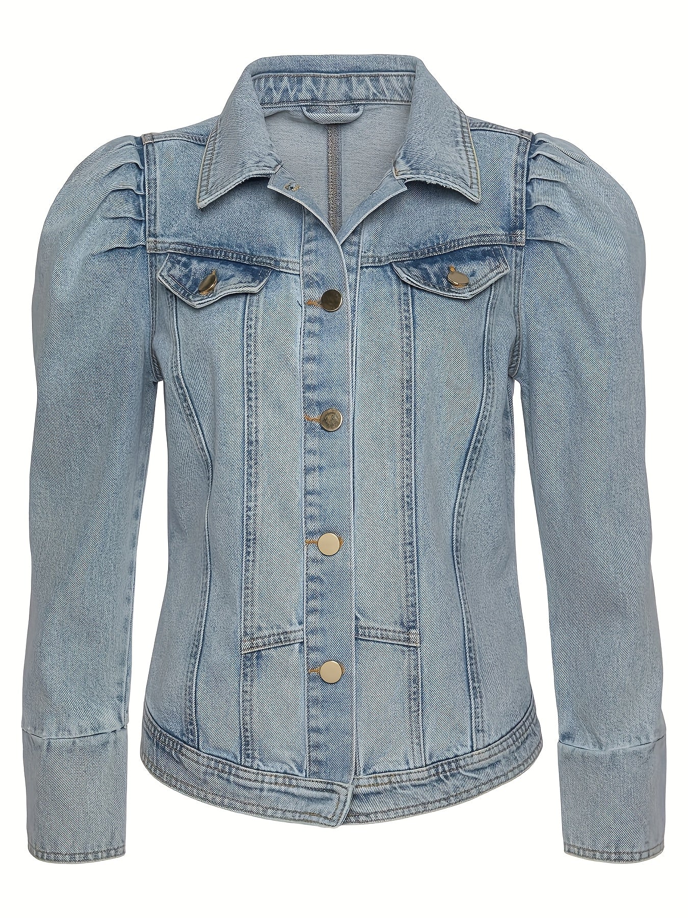 Women's Elegant French Romantic Denim Jacket with Puff Sleeves - Light Blue Button-Front Coat, Regular Fit Long Sleeve for Autumn/Winter, Valentine's Day & Special Occasions, Denim Jacket Women, Denim Jacket for Women, Stylish Denim Jacket Women