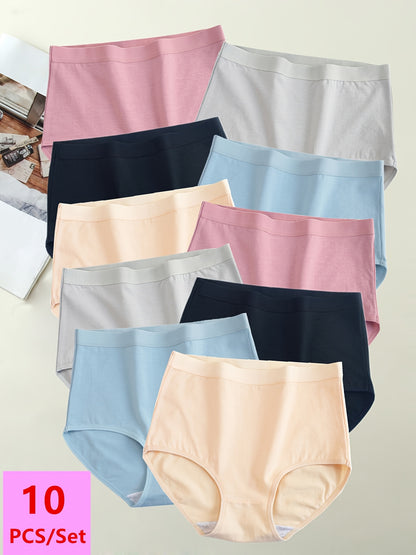10pcs Women'S High-Waisted Tummy Control Panties, Breathable Comfortable Underwear, Simple Solid Color