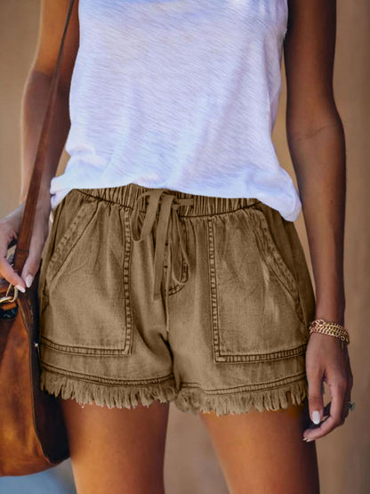 Elastic Waist High Rise Denim Shorts Women'S Hem Fringe Shorts Comfort Stretch Fit Casual Summer Bottoms