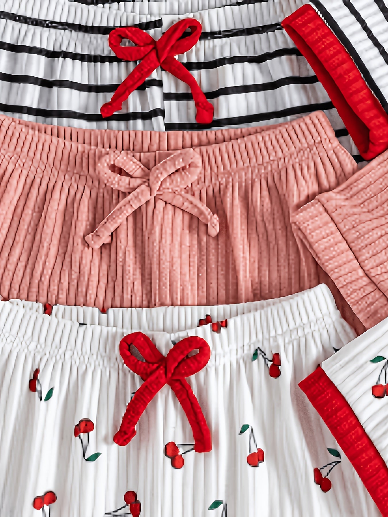 6pcs Set Of Girls' Summer New Cherry Fruit Pattern Short-sleeve And Shorts Comfortable Outfit, Perfect for Outdoor