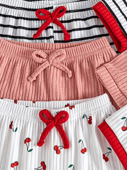6pcs Set Of Girls' Summer New Cherry Fruit Pattern Short-sleeve And Shorts Comfortable Outfit, Perfect for Outdoor