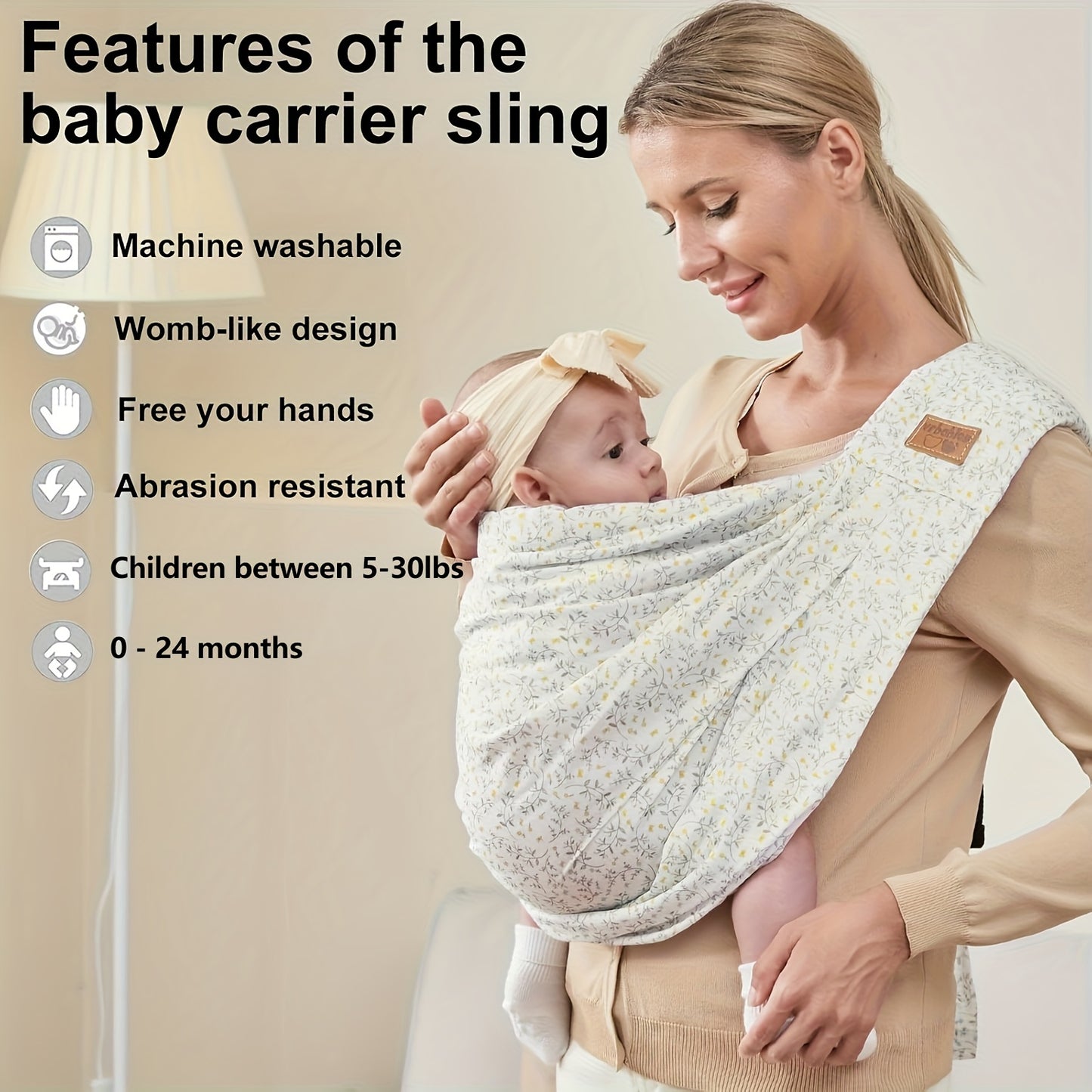 Vrbabies Baby Carrier From Newborn, Soft Lightweight Baby Sling with Pockets & Adjustable Shoulder Strap Easy Wearing, Front Baby Sling for Newborn And Toddler 1-24 Months
