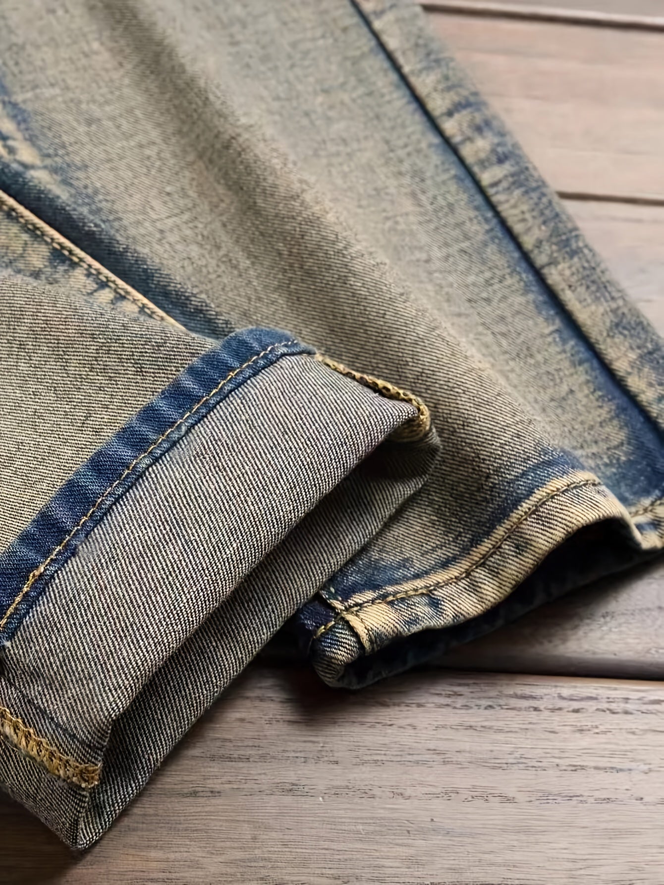[HME] Men's Street Fashion Jeans, Classic Five-pocket Style, Retro Washed Mud Yellow, Irregular Hole Patch Design, Mid-waist Elastic Slim Straight Leg, YKK Zipper Closure, Trendy Brand Cool And Stylish Men's Denim Long Pants