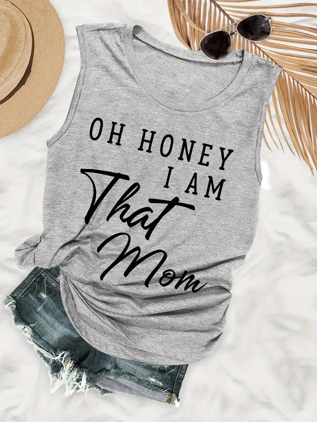 "OH HONEY I AM That Mom" Sleeveless Tank Top - Grey Casual Summer Shirt with White Cursive Lettering, Mom Slogan Print, Round Neck H-Line Fit T-Shirt for Moms, Funny Mother's Day Gift