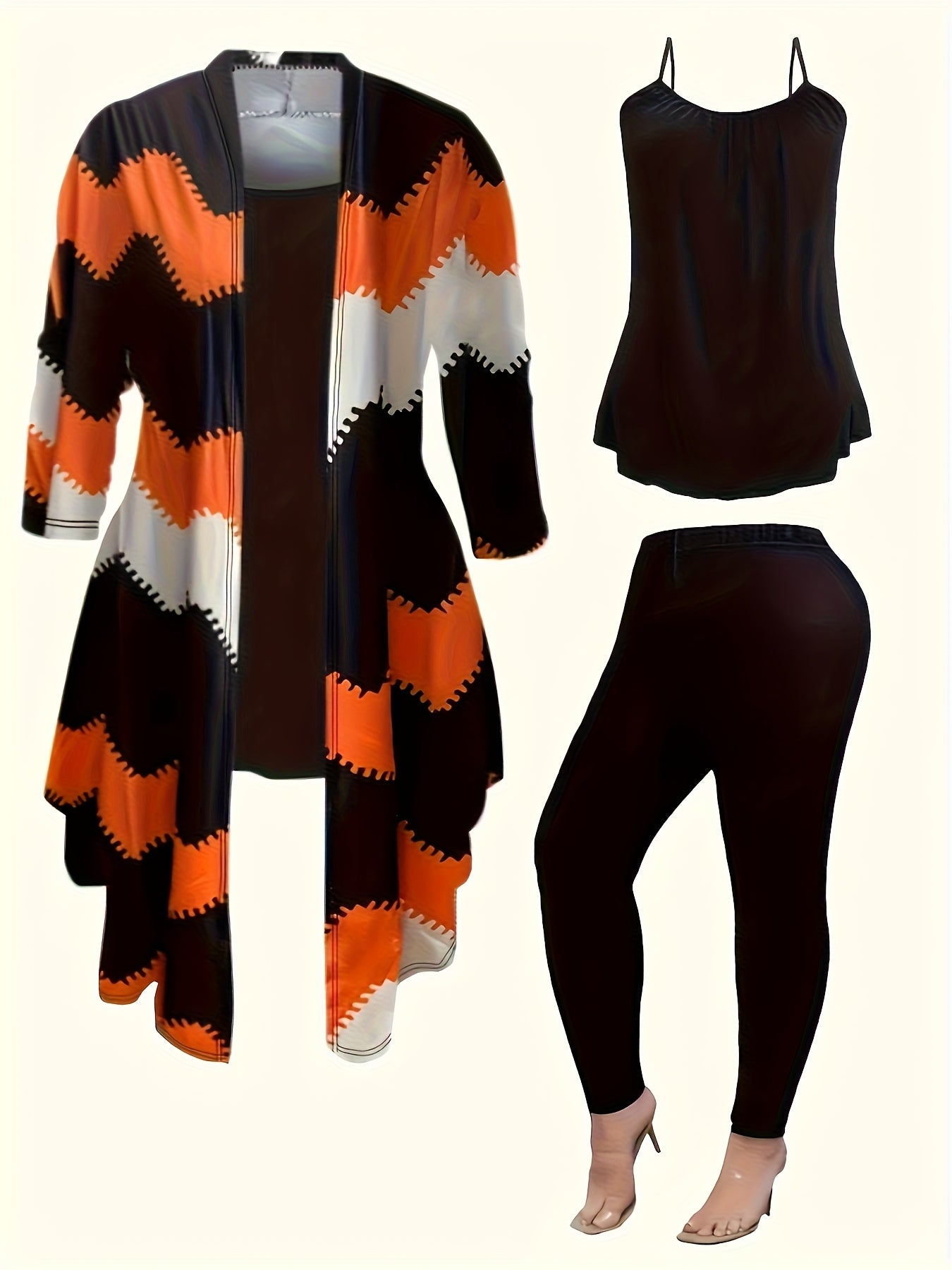 [Printed Cardigan Set] Women's 3pcs Set, Printed Cardigan Jacket Paired with Solid Color Casual Pants Vest Daily Set