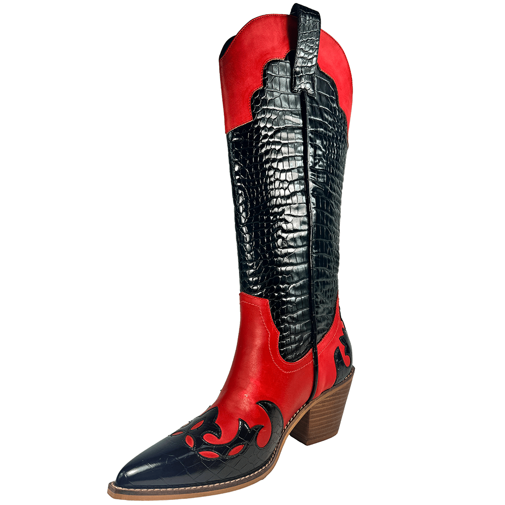ARiderGirl Pamela Women's Western Cowboy Knee-High Boots Crocodile Printed Chunky Stacked Heel Pointed Toe Boots