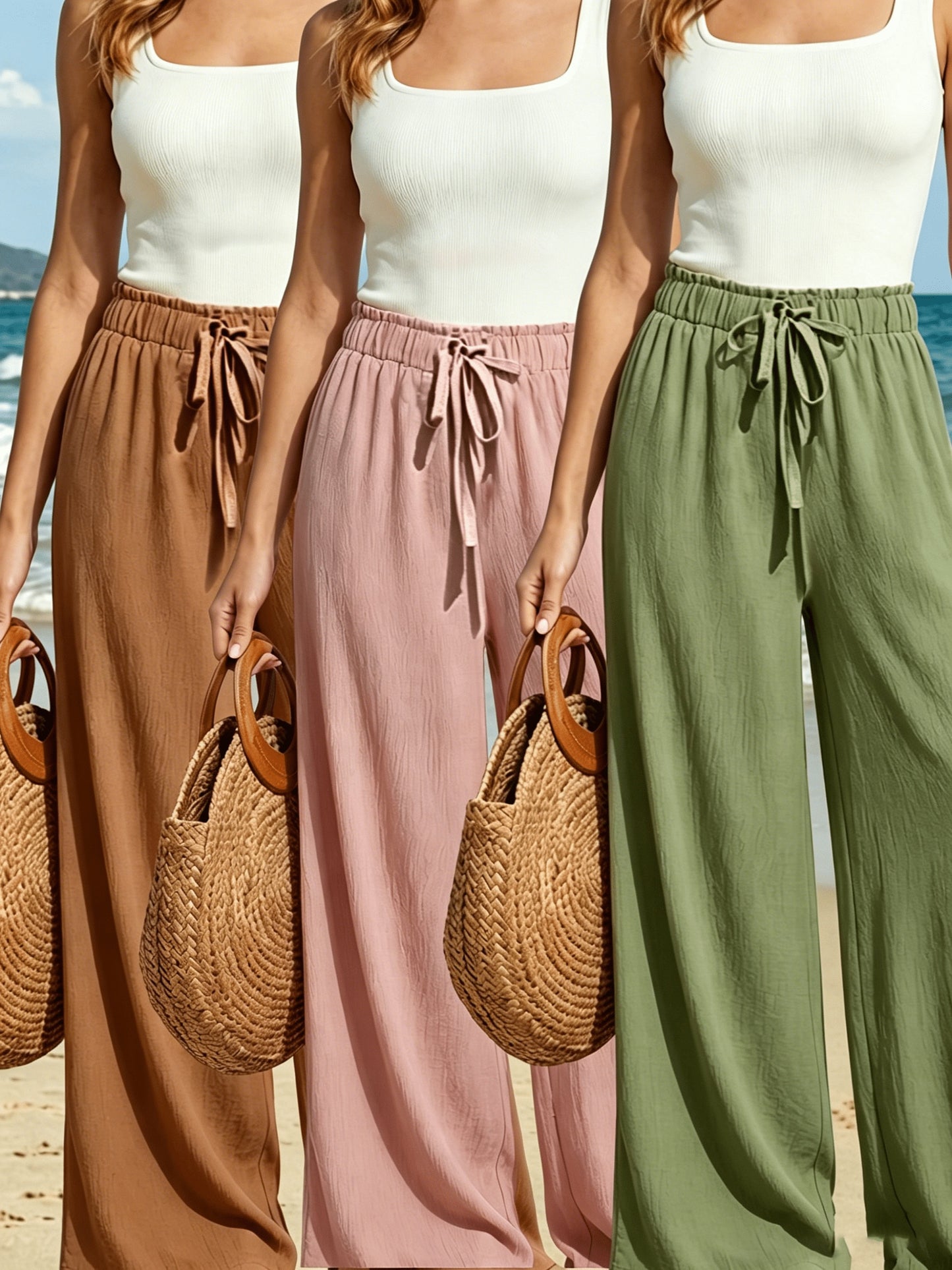 FOEIERAA 3pcs Loose Casual Women'S Fashionable Trousers with Artificial Drawstrings for Easy Going Out. Casual Trousers, Elastic Waist, Comfortable to Wear All Seasons