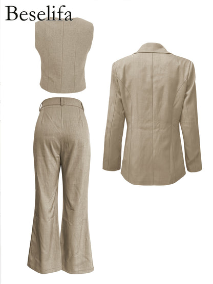 Autumn and Winter Women's Solid Color Casual Elegant Long Sleeve Suit Jacket, Slim Fit Blazer with Single-Breasted Short Sleeve Vest Top, Slim Fit Pants, Professional 3pcs Suit Set for Outdoors Office Wear