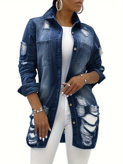 Women's Casual Ripped Washed Blue Patch Pocket Slim Fit Long Sleeve Distressed Denim Jacket