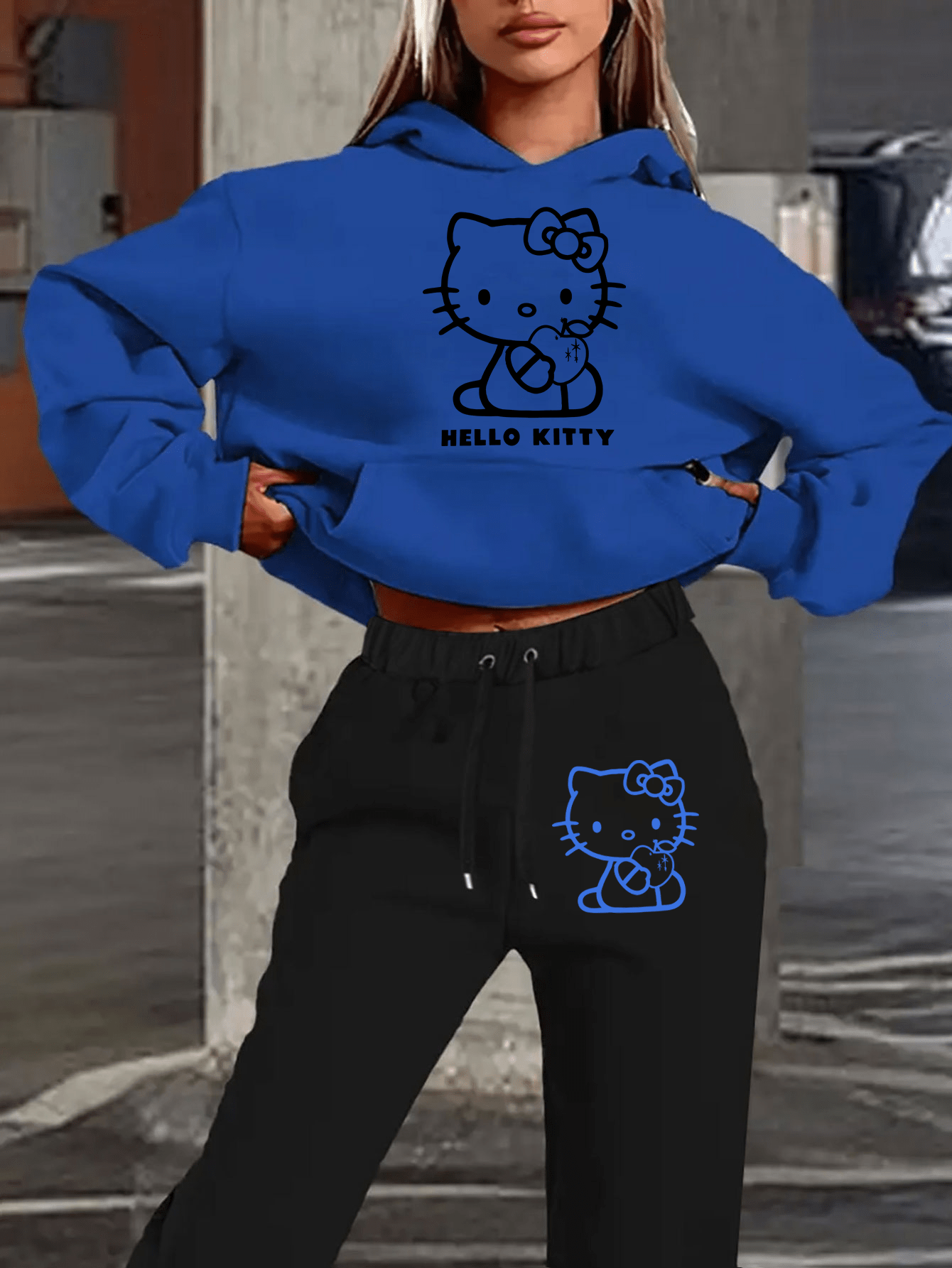 Women's Autumn and Winter Fashion Casual Sweater Casual Pants 2pcs Set, Printed with Sanrio Hello Kitty Pattern Print Design, Women's Casual Pants Set, Fashion Hooded Sweater + Drawstring Trousers 2pcs Set, Loose Version