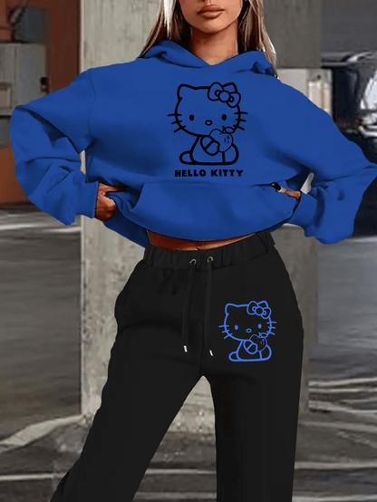 Women's Autumn and Winter Fashion Casual Sweater Casual Pants 2pcs Set, Printed with Sanrio Hello Kitty Pattern Print Design, Women's Casual Pants Set, Fashion Hooded Sweater + Drawstring Trousers 2pcs Set, Loose Version