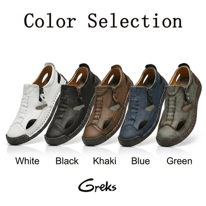 GREKS Men's Closed-Toe Fisherman Sandals Slip-On | Breathable Comfortable Casual Loafers for Summer Outdoor Driving & Walking | Side Zipper Hand-Sewn