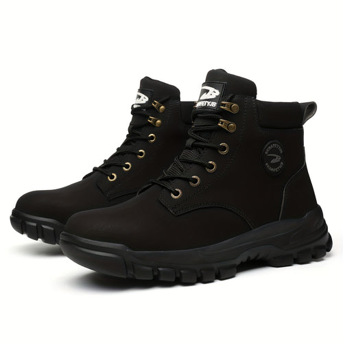 Men's Solid Color Classic High Top Plain Toe Steel Toe & Puncture Proof Safety Boots, Comfy Non Slip Durable Lace Up Work Shoes, Men's Constructional & Industrial Footwear