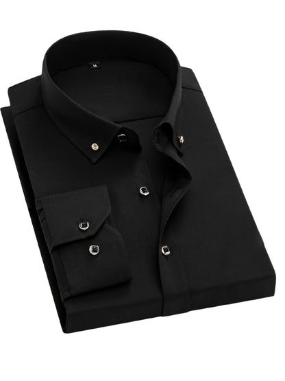 Father'S Day Gift Choice, Men'S Long Sleeve Button Shirt, Crystal Button Design, Solid Color Plain Formal Business Attire, Great As Gift for Party, Wedding, Date Dress Shirt