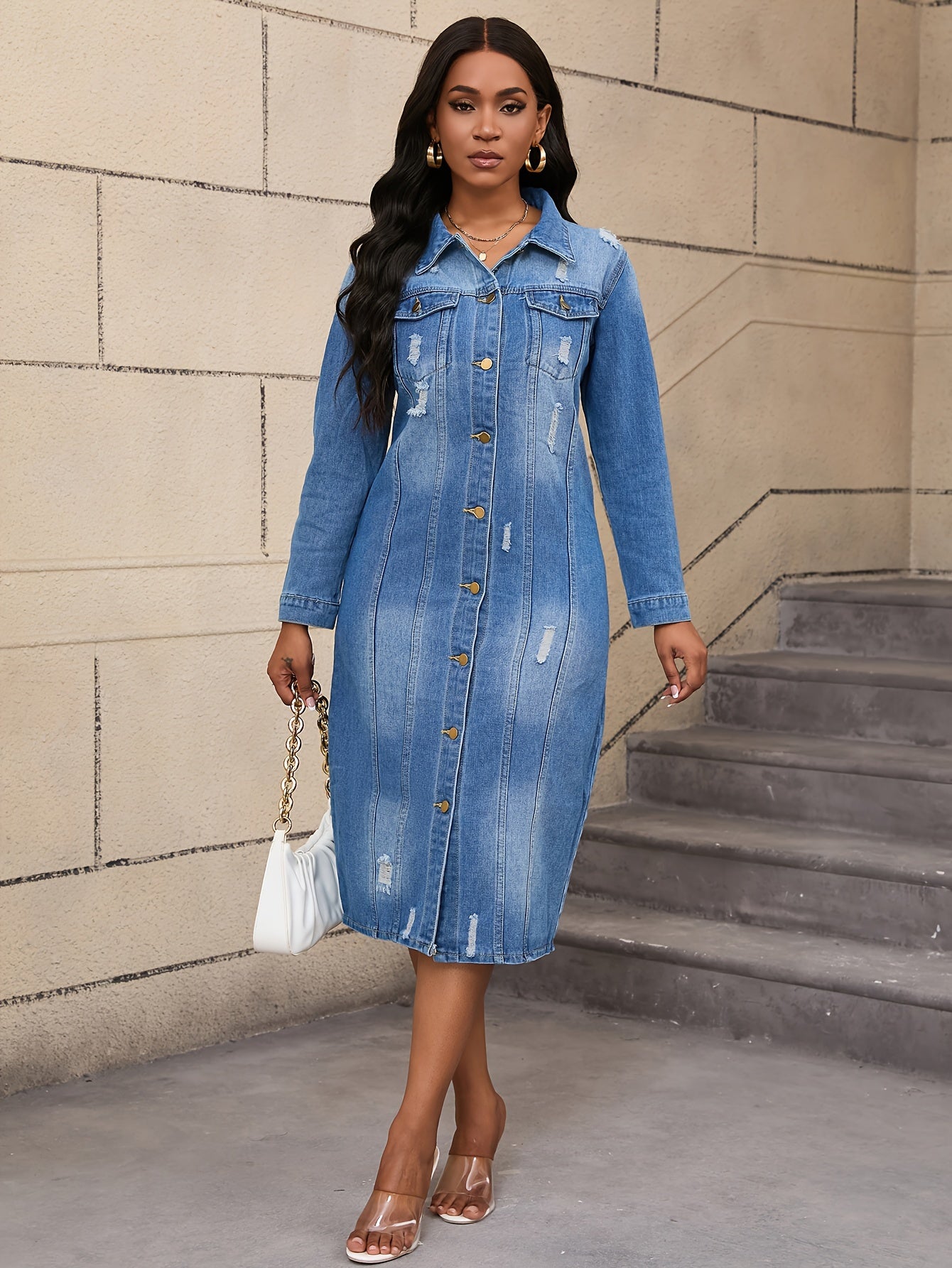 Long Denim Coat with Worn Holes Long Denim Trench Coat for Women