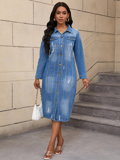 Long Denim Coat with Worn Holes Long Denim Trench Coat for Women
