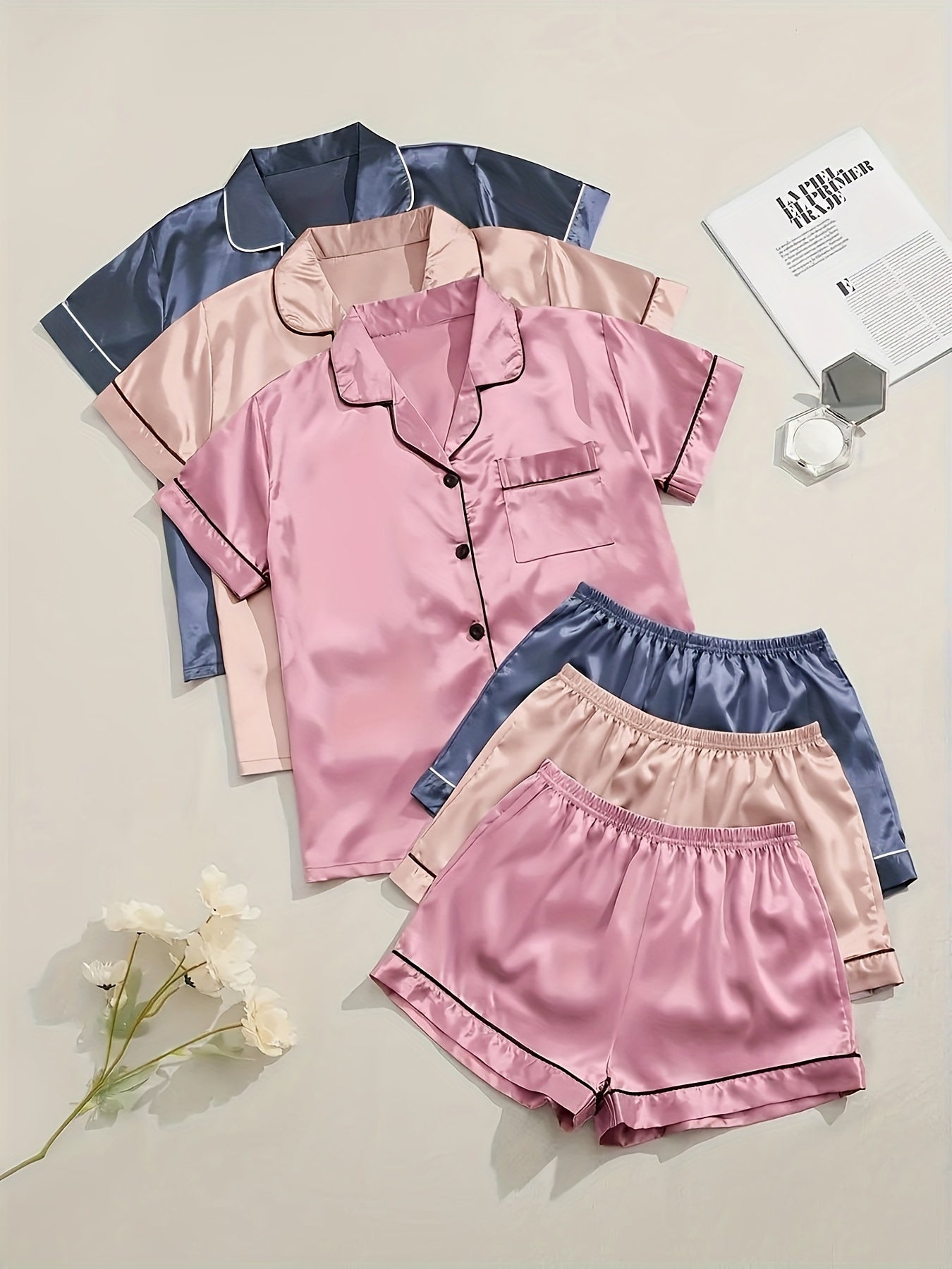 Black + Champagne + Pink Satin Short-Sleeve Shorts - product view 38