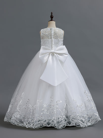 Flower Girl Lace Dress for Kids Wedding Bridesmaid Pageant Party Formal Long Gown Princess Communion Tulle Bow Dresses