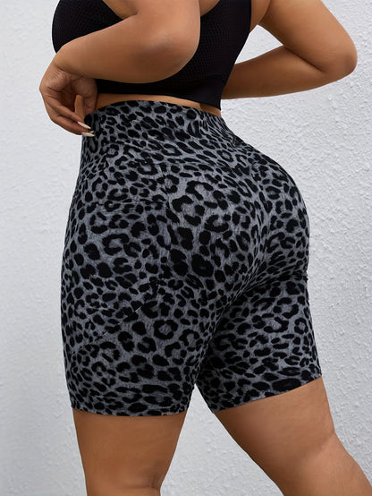 PLUS Size High Waist Leopard Print Sport Shorts With Side Pocket - Spring Summer New Arrivals