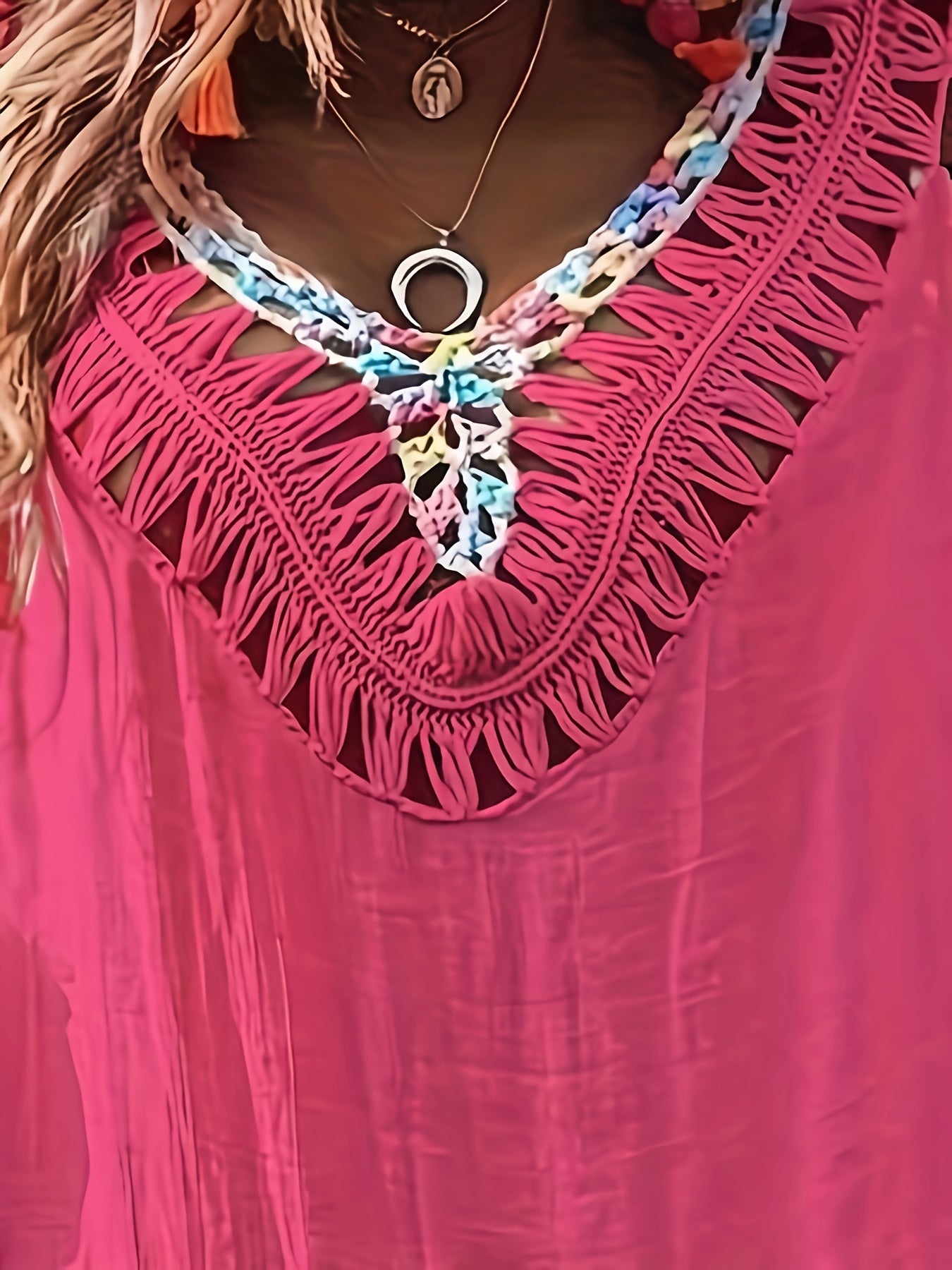 Women's Summer Vacation Style Hand Hook Splicing Color Thread Splicing Fringe V-neck Pullover Hollowed Out Beach Bikini Smock Skirt