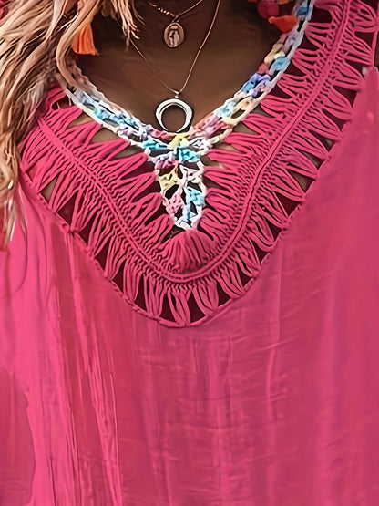 Women's Summer Vacation Style Hand Hook Splicing Color Thread Splicing Fringe V-neck Pullover Hollowed Out Beach Bikini Smock Skirt