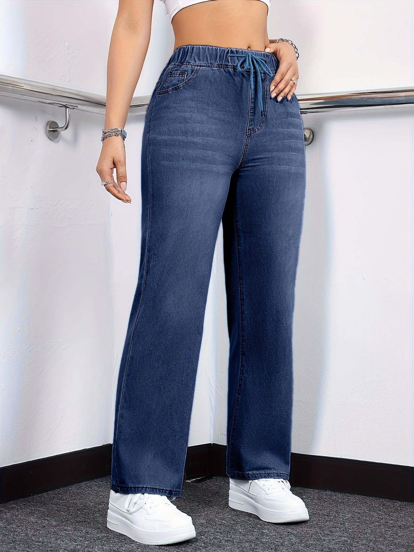 [Drawstring Waist Jeans] Plus Size Women's Drawstring Waist Straight Leg Jeans | High Waist Stretchy Washed Denim | Casual Trendy Comfy Jeans for Daily Wear | Flattering Fit